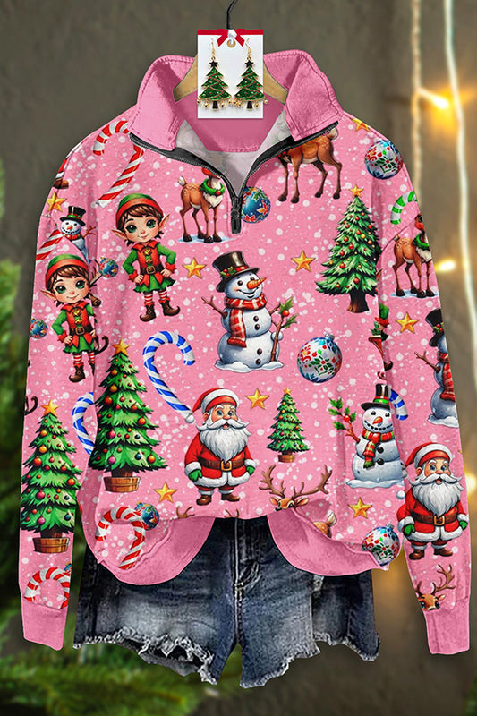 Retro Christmas Snowman Christmas Tree Print Zipper Sweatshirt