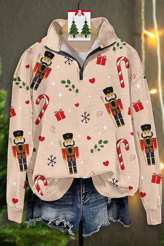 Vintage Christmas Nutcracker Print Zip-Up Sweatshirt