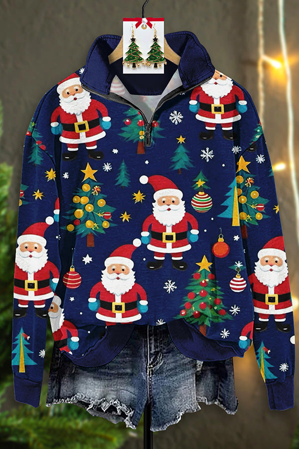 Beautiful Santa Claus Print Zip-Up Sweatshirt