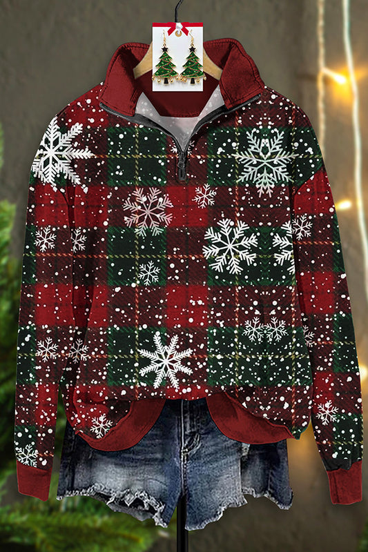 Beautiful Christmas Snowflake Plaid Print Zip-Up Sweatshirt