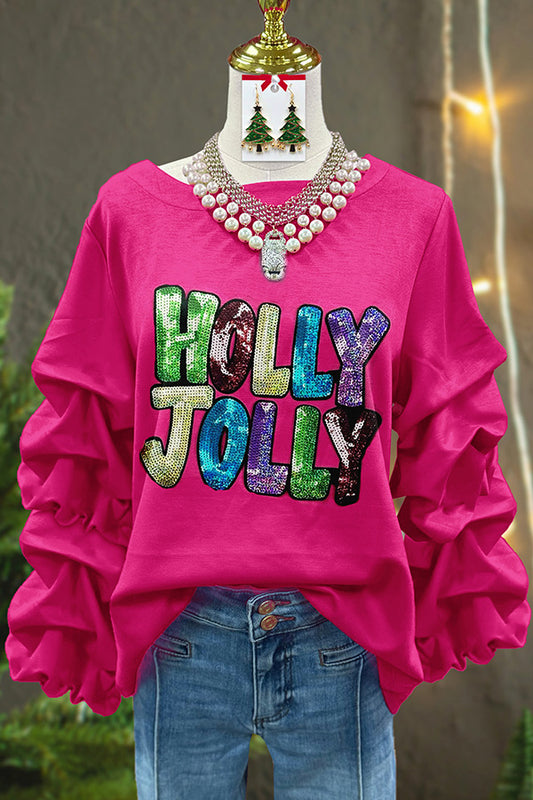 Cute Holly Jolly Sequin Print Pleated Top