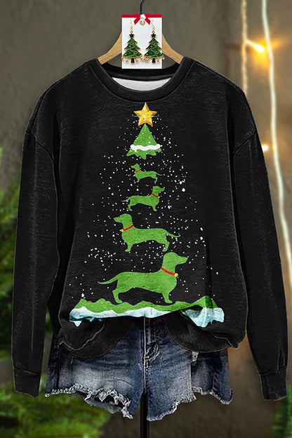 Pretty Dog Christmas Tree Print Sweatshirt