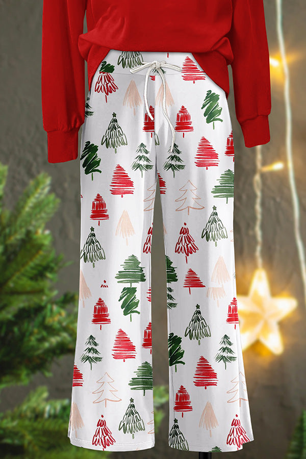 Vintage Christmas Tree Print Wide Leg Trousers