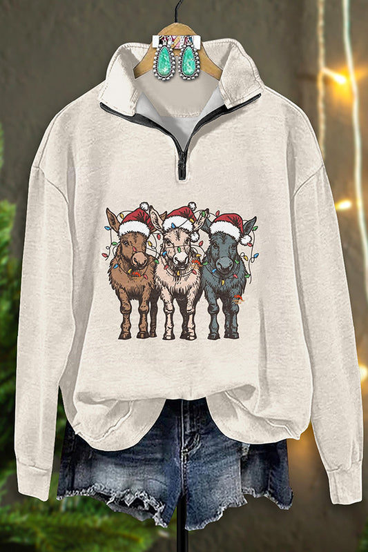 Vintage Western Cow Christmas Print Zip-Up Sweatshirt