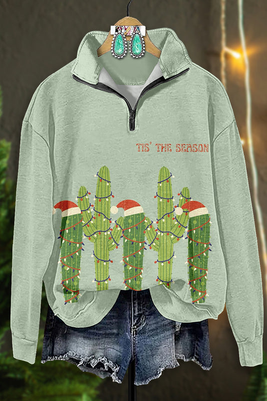 Retro Western Christmas Cactus Print Zip-Up Sweatshirt