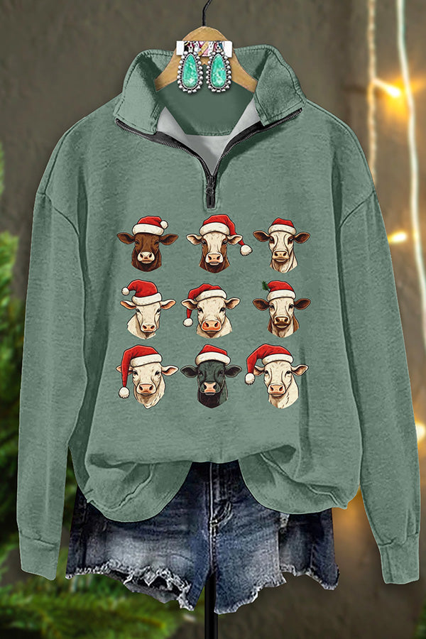 Retro Western Christmas Bull Head Print Zip-Up Sweatshirt