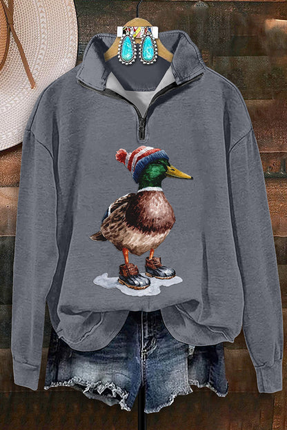 Retro Western Duck Print Zip-Up Sweatshirt