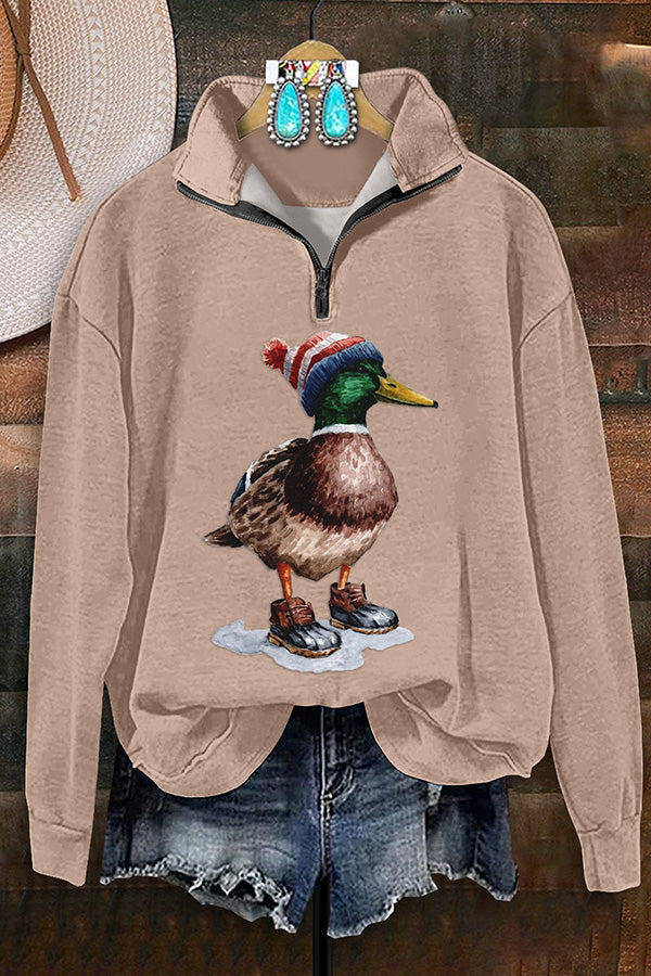 Retro Western Duck Print Zip-Up Sweatshirt