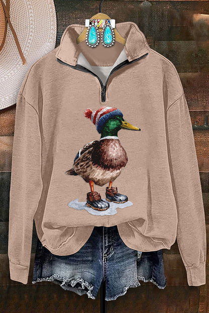 Retro Western Duck Print Zip-Up Sweatshirt