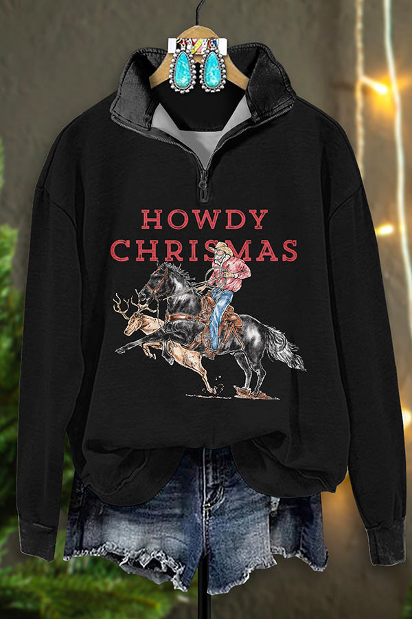 Retro Western Christmas Cowboy Print Zipper Sweatshirt