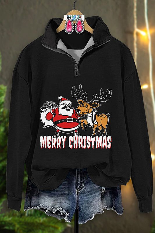 Retro Western Christmas Print Zip-Up Sweatshirt