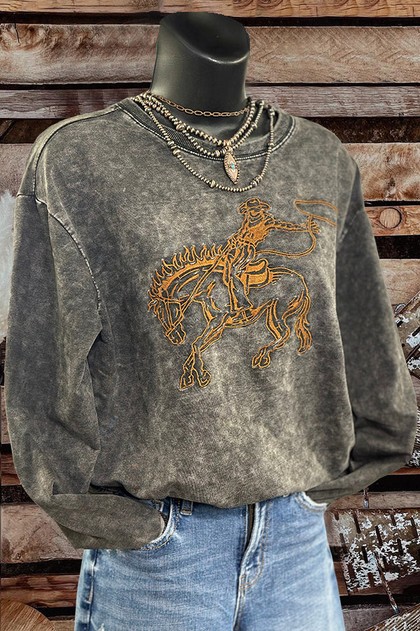 Wild West Bronc Rider Embroidered Mineral Wash Pullover