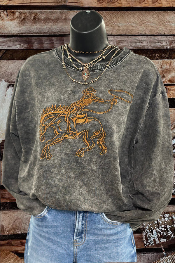 Wild West Bronc Rider Embroidered Mineral Wash Pullover