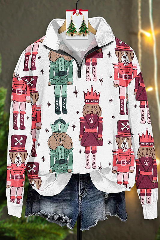 Vintage Santa Dog Nutcracker Print Zip-Up Sweatshirt