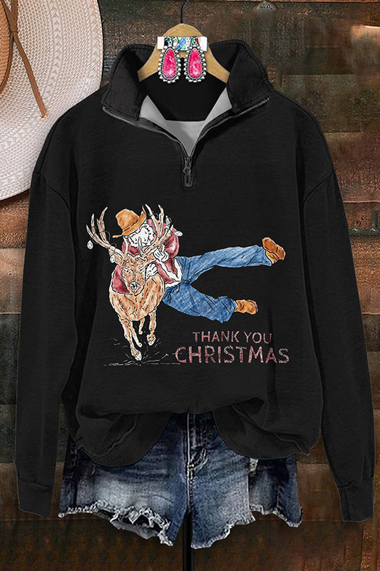 Vintage Western Santa Print Zip-Up Sweatshirt