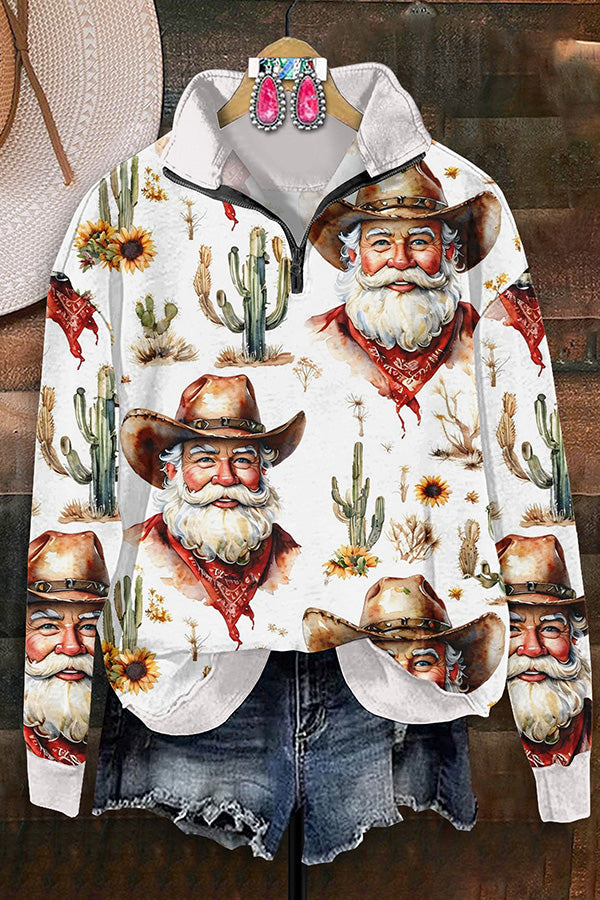 Vintage Western Cactus Cowboy Print Zipper Sweatshirt