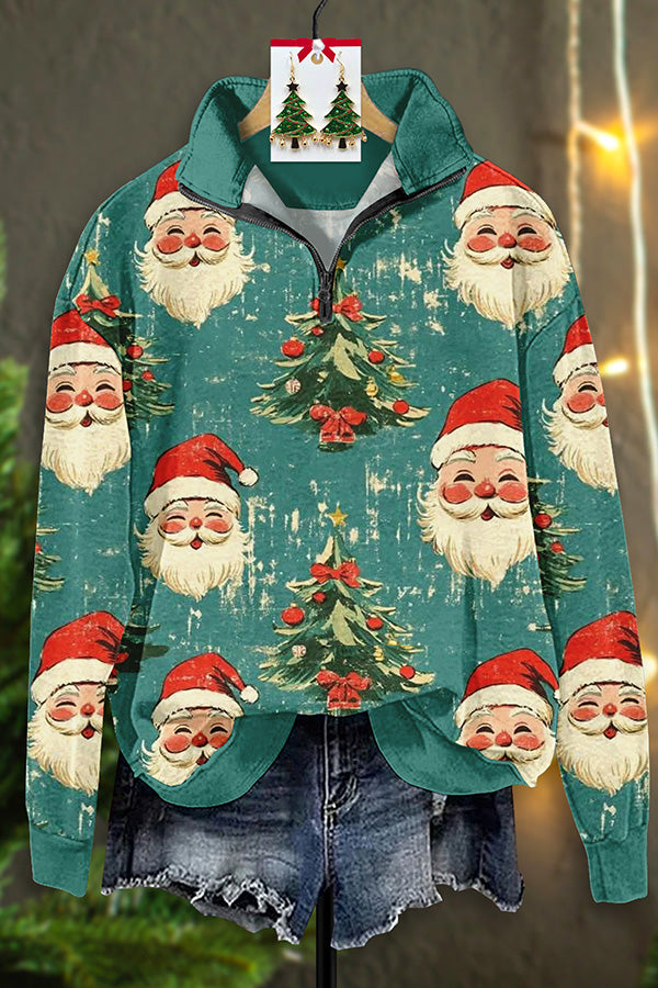 Vintage Santa Print Zip-Up Sweatshirt