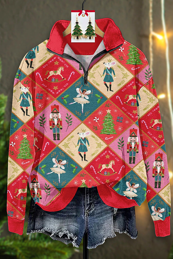 Retro Plaid Christmas Print Zipper Sweatshirt