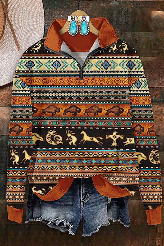 Retro Western Aztec Print Zip-Up Sweatshirt