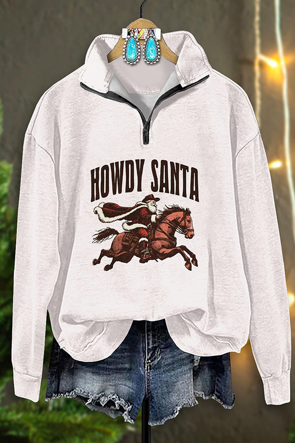 Vintage Western Santa Print Zip-Up Sweatshirt