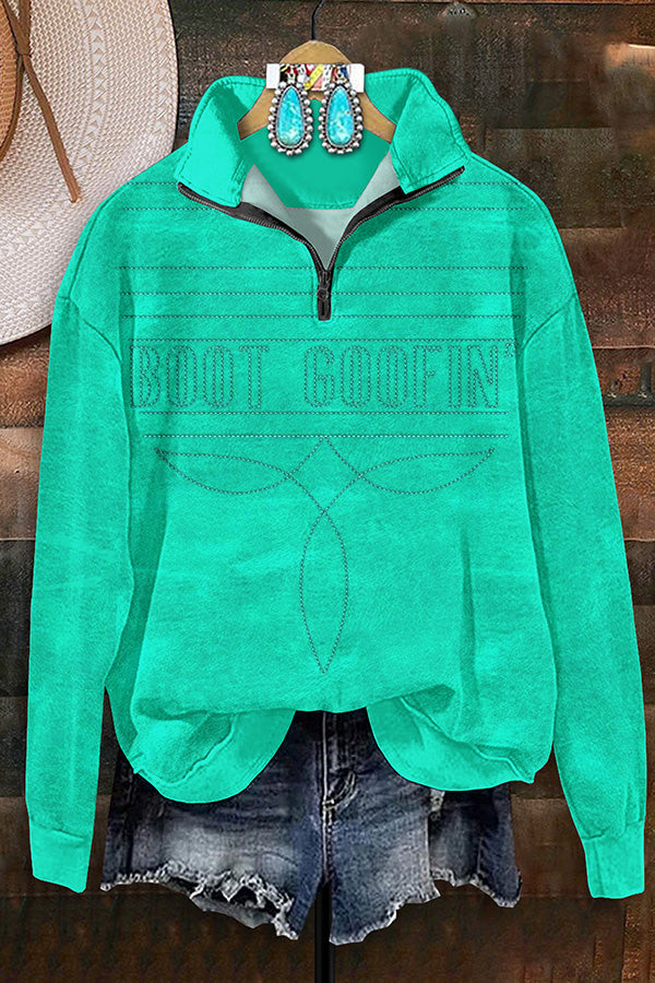 Retro Western Boot Print Zip-Up Sweatshirt