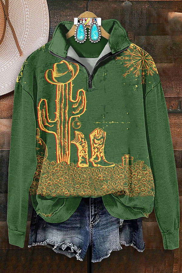 Vintage Western Cactus Boots Print Zip-Up Sweatshirt