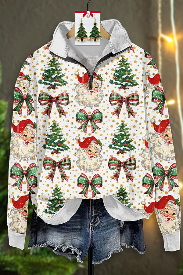 Vintage Santa Print Zip-Up Sweatshirt