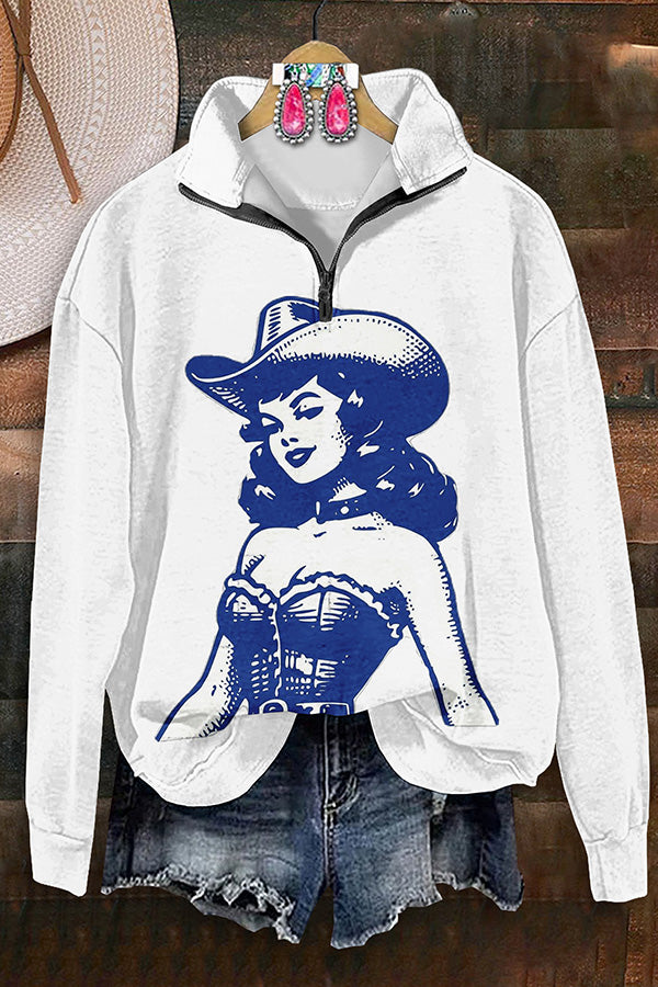 Retro Western Cowgirl Print Zipper Sweatshirt