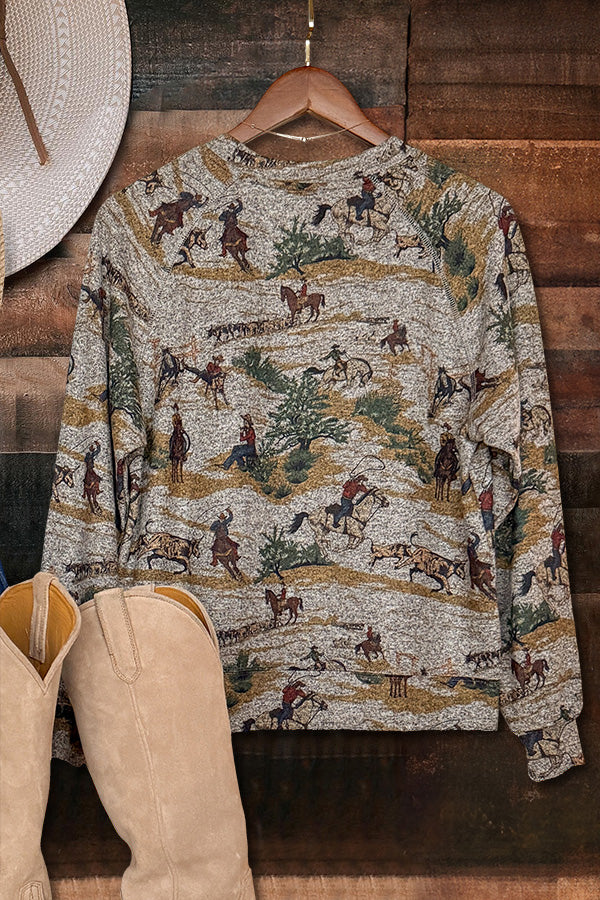 Western Cowboy Print Long Sleeve Top