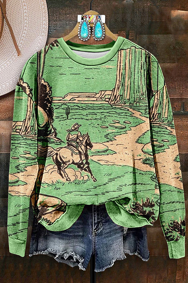 Retro Western Cowboy Print Sweatshirt