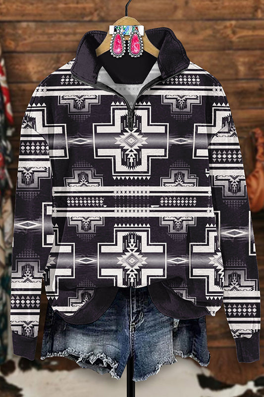 Retro Western Aztec Print Zip-Up Sweatshirt