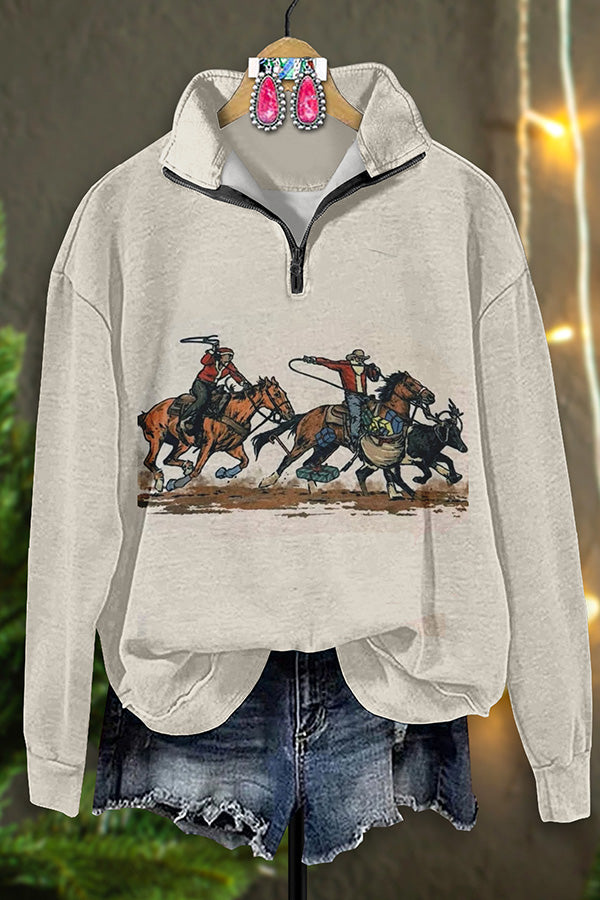 Retro Western Christmas Cowboy Print Zipper Sweatshirt