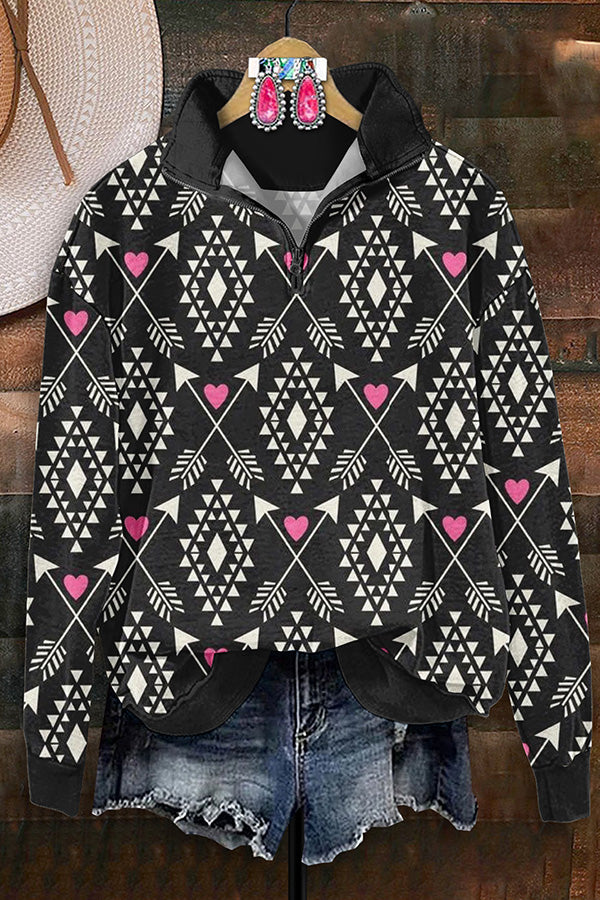 Retro Western Aztec Arrow Print Zip-Up Sweatshirt