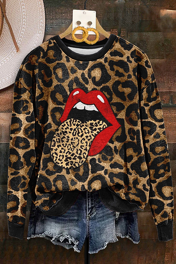 Vintage Leopard Lips Print Sweatshirt