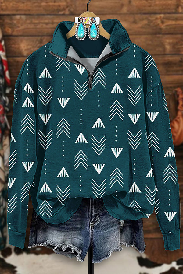 Retro Western Aztec Arrow Print Zip-Up Sweatshirt