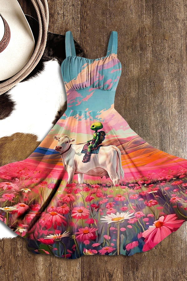 Women's Vintage Alien Cowboy Riding Bull Art Print Dress