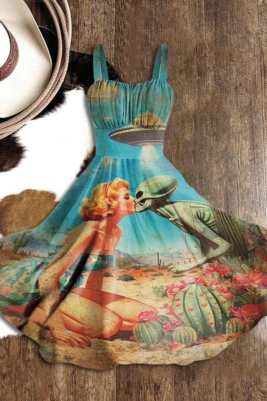 Women's Vintage Alien Cowboy Riding Bull Art Print Dress