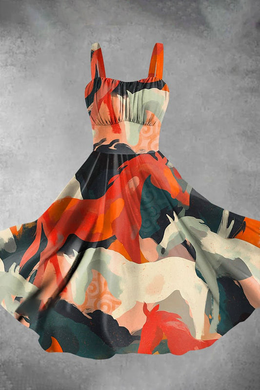 Vintage Contrasting Horse Art Print Dress