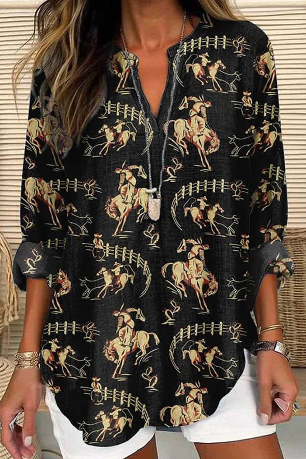 Rodeo Print Casual Linen V-neck Shirt