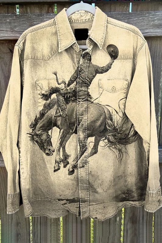 Vintage Wild Cowboy Art Print Casual Shirt