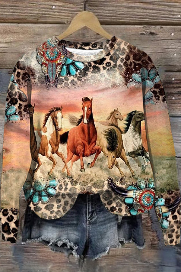 Western Vintage Horse Print Casual Crew Neck Sweatshirt