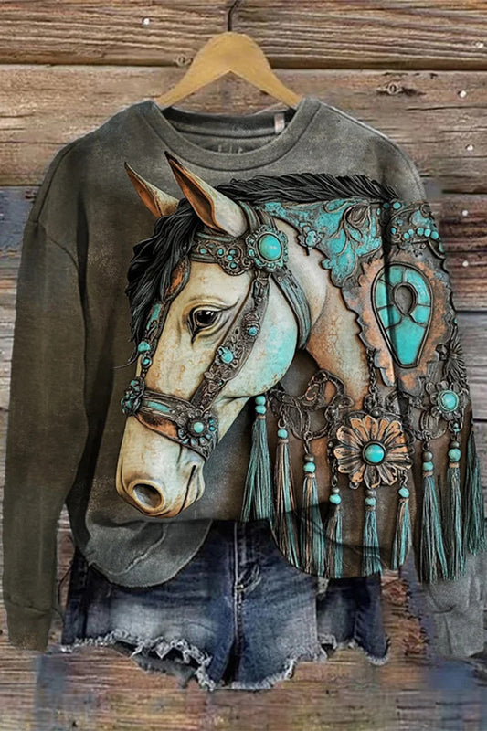 Elegant Turquoise Tassel Horse Art Sweatshirt