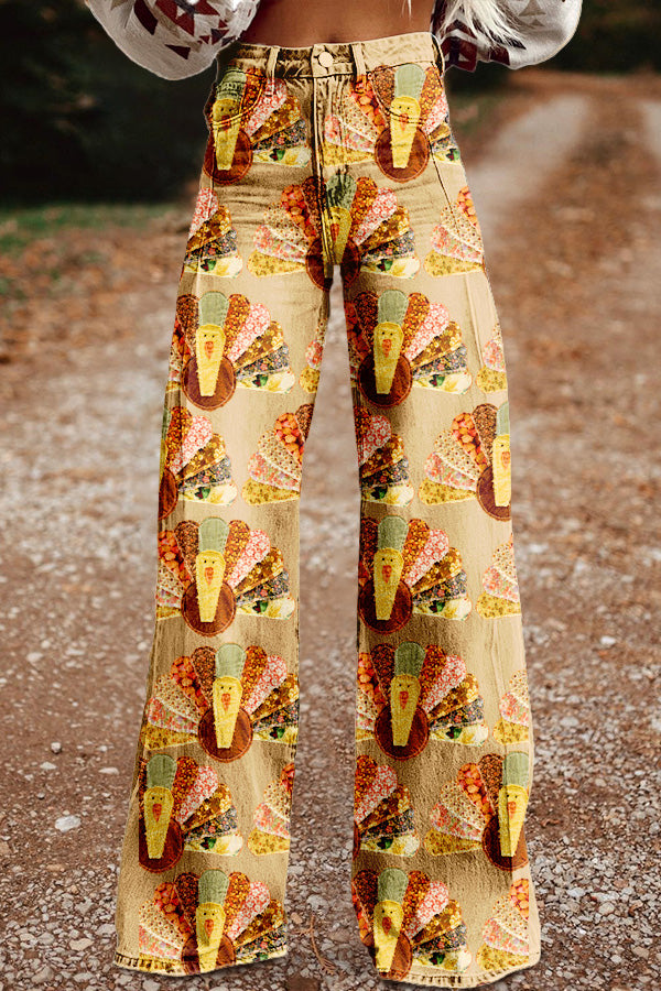 Vintage Turkey Print Wide Leg Trousers