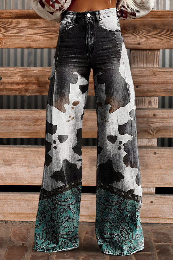 Vintage Cow Print Wide Leg Pants