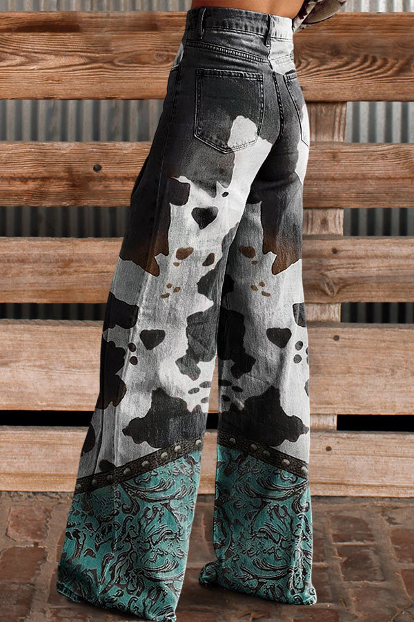 Vintage Cow Print Wide Leg Pants