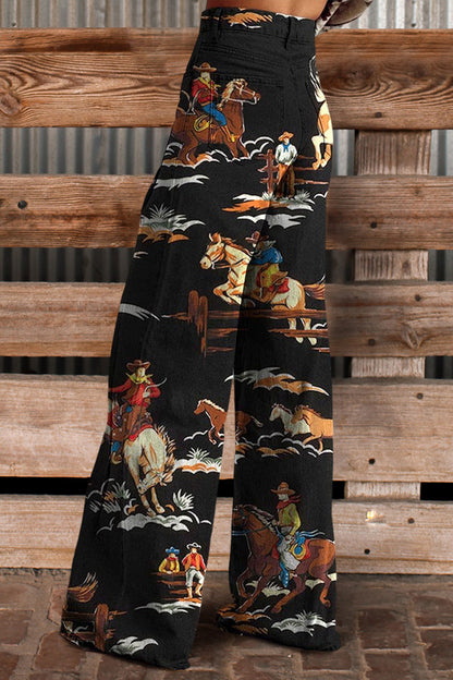 Vintage Western Print Flared Trousers