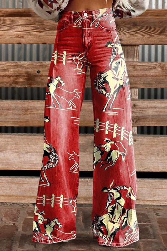 Vintage Cowboy Print Casual Wide Leg Pants