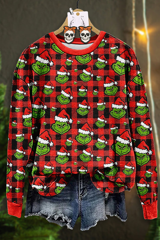 Christmas Grinch Plaid Print Sweatshirt