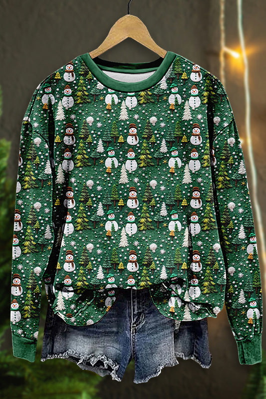 Christmas Trees Snowman Print Sweatshirt