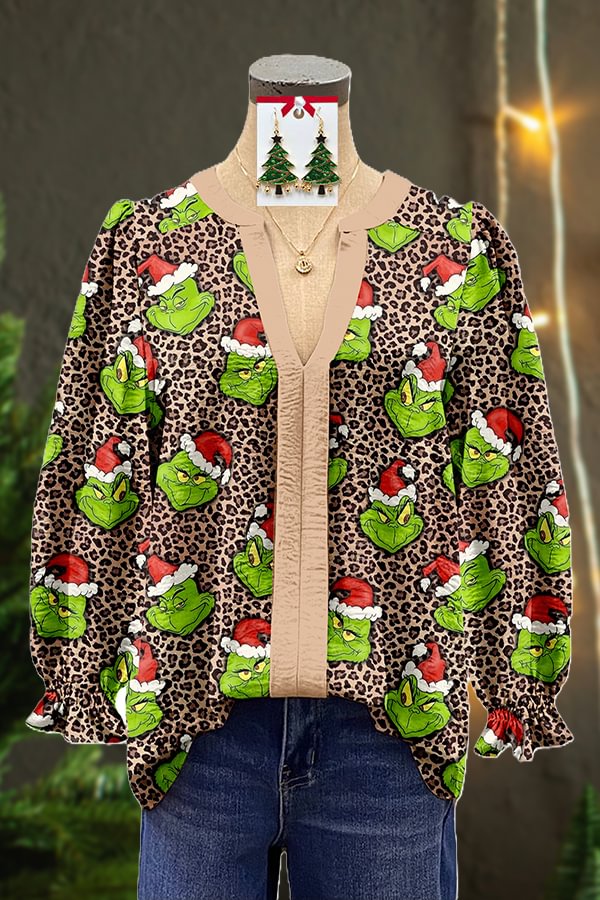 Christmas Grinch Leopard Print Contrast Panel V-neck Top